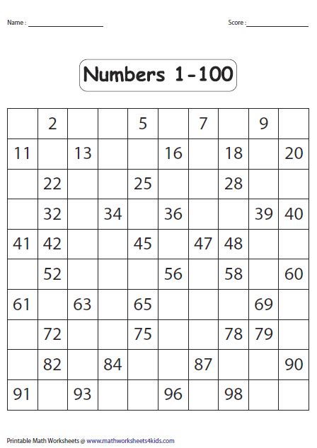 100 Chart Fill In Missing Number Worksheet Math Worksheets