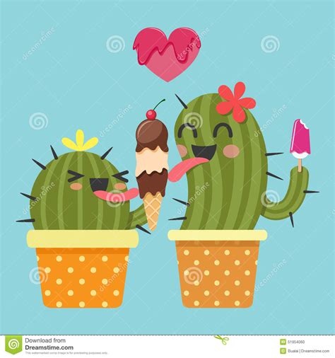 Loving Couple Of Cactus With Ice Cream Stock Vector Illustration Of Plant Food 51954060