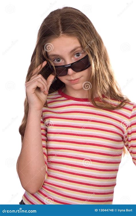 Teenage Girl Wearing Sunglasses Isolated On White Stock Photo Image