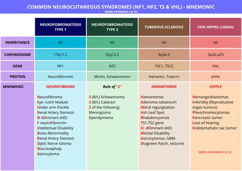 COMMON NEUROCUTANEOUS SYNDROMES (NF1, NF2, TS & VHL) - MNEMONIC