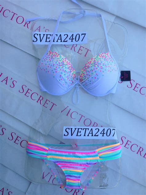 New Sexy Victorias Secret Fabulous Push Up Bikini Set White Sequin Neon Stripe Victoriassecret