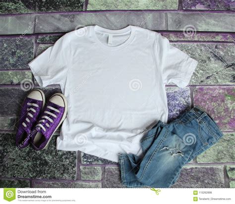 Download White T Shirt Mockup Flat Lay On Purple Brick Background With Pu Stock Photo - Image of mock ...