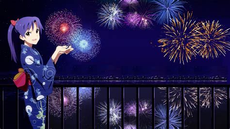 New Year Japanese Girl City Night Fireworks Kimono