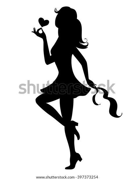 Silhouette Of A Sexy Girl Walking With A Heart And A Ribbon Vector