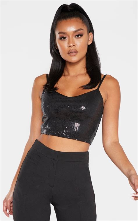 Black Strappy Sequin Crop Top Tops Prettylittlething