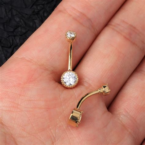 K Solid Gold Round Cz Belly Button Ring Non Dangle Belly Etsy