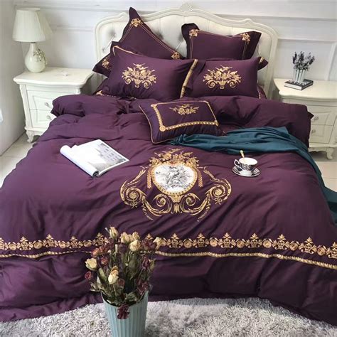 Purple Egyptian Cotton Luxury Royal Bedding Set Gold Embroidered Queen