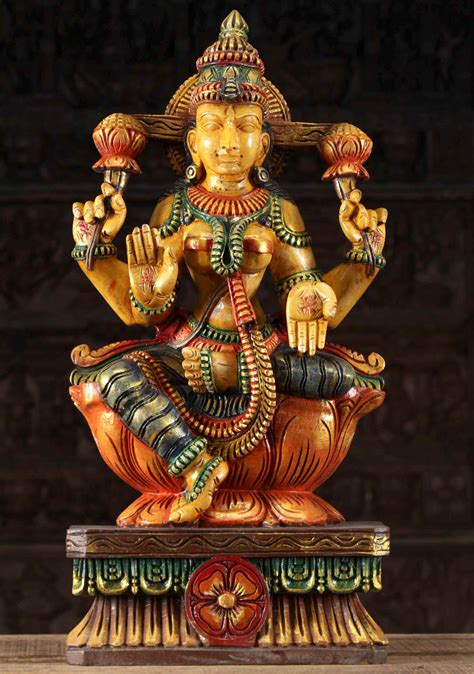 Sold Wooden Hindu Goddess Of Wealth Sri Lakshmi Idol Hand Carved In