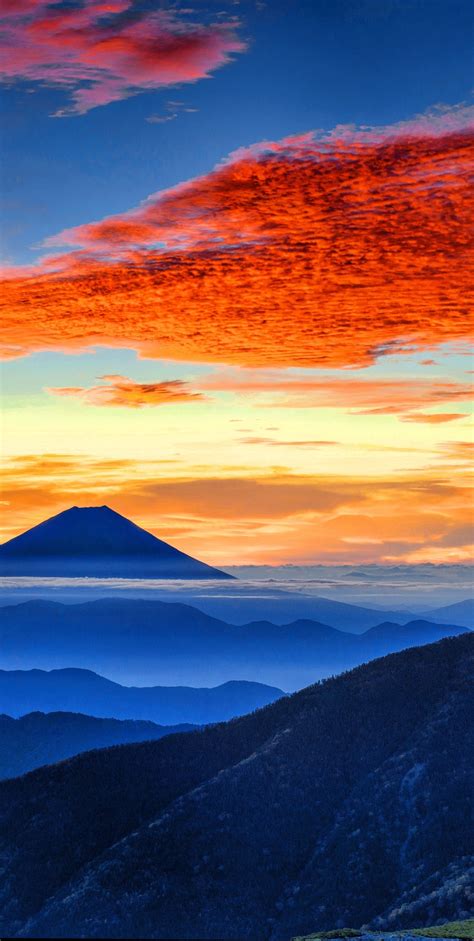 Download Wallpaper 1440x2960 Mount Fuji Clouds Sunset Panaromic