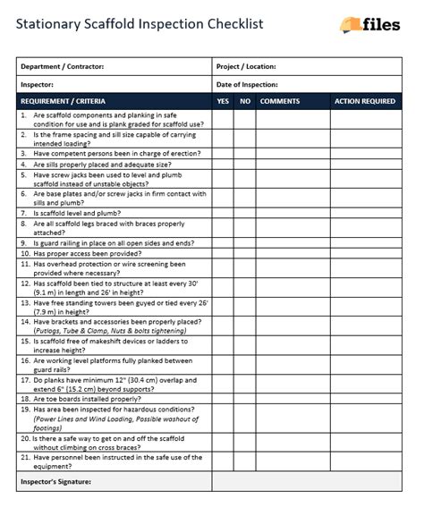 Stationary Scaffold Inspection Checklist Construction Documents And