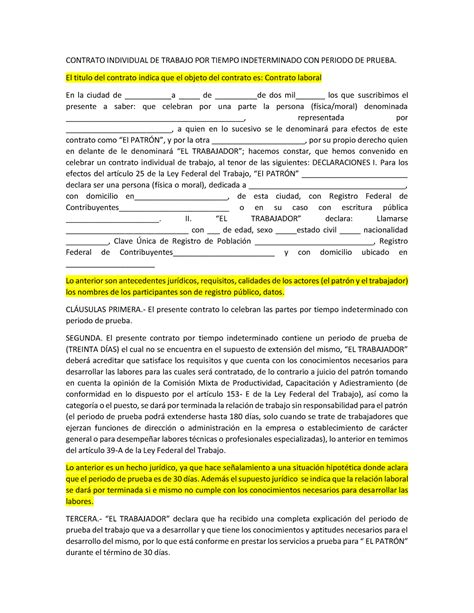 Contrato Individual De Trabajo Por Tiempo Indeterminado Con Periodo De