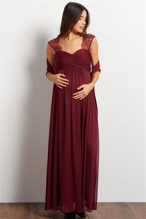 A Chiffon Maternity Evening Gown Lace Accent On Sleeves And Back