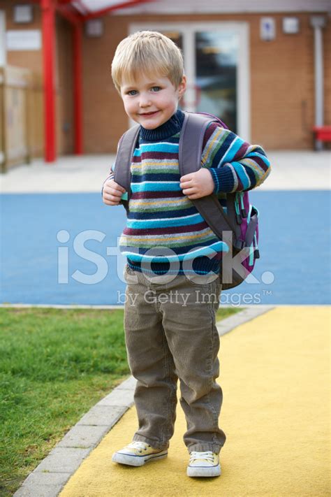 Little Boy Going To School Wearing Backpack Stock Photos