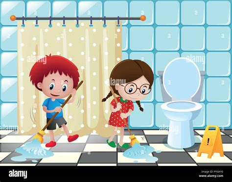 Boy And Girl Cleaning The Bathroom Illustration Stock Vector Image