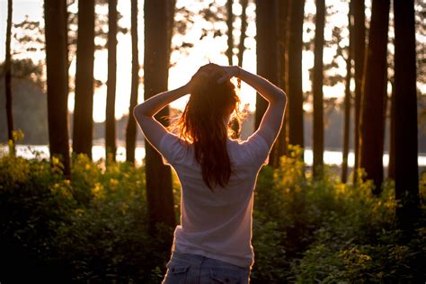 Wallpaper Women Outdoors Emotion Forest Sunset Depth Of Field Brunette Long Hair
