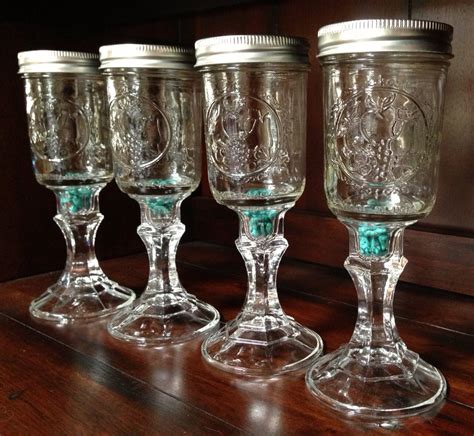 Four Mason Jar Wine Glass With Organic Turquoise Stones