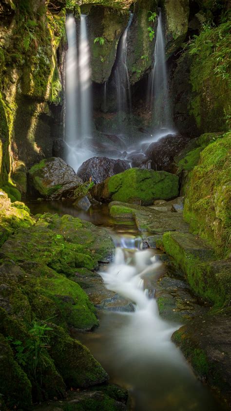 Download Wallpaper 2160x3840 Waterfall Stones Moss Water Stream