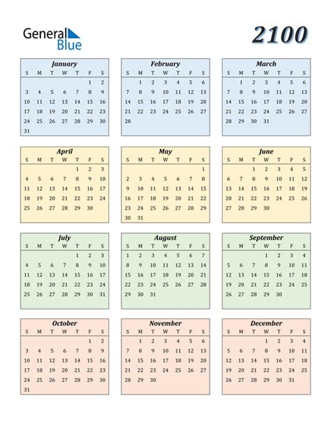 2100 Calendar Pdf Word Excel