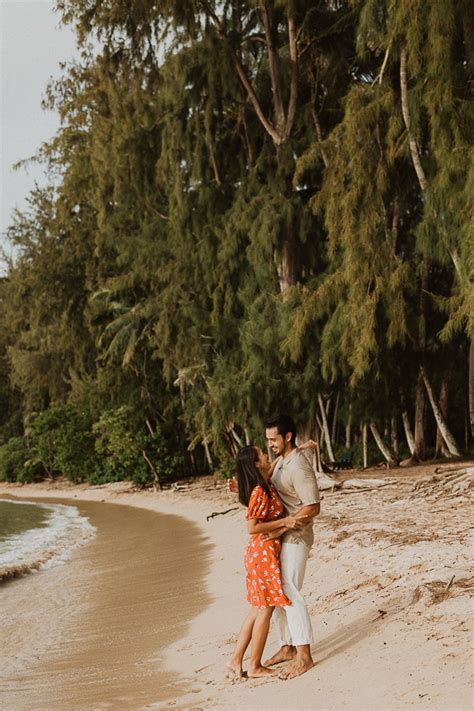 Dreamy Beach Couples Session Kawela Bay Hawaii Surrounded By Palm Trees Couples Beach