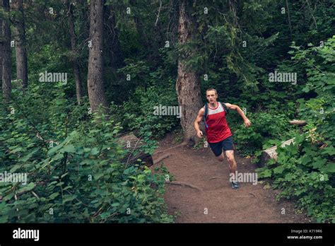 Man Sprinting Through Woods On Trail In Forest Stock Photo Alamy