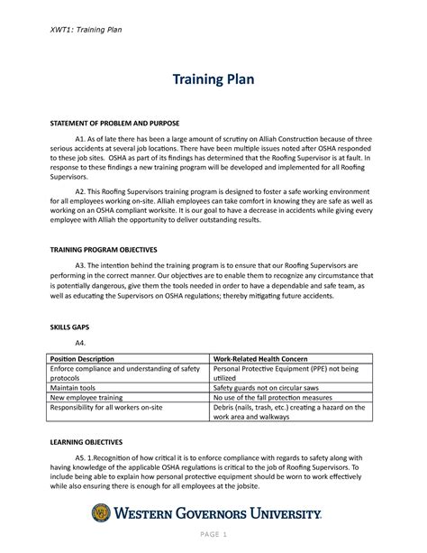 Training Plan C235 Task 1 Xwt1 Training Plan Training Plan Statement