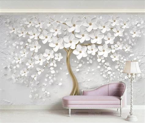 Custom Wallpaper 3d Embossed White Flowers Tree Wallpaper Wall Etsy
