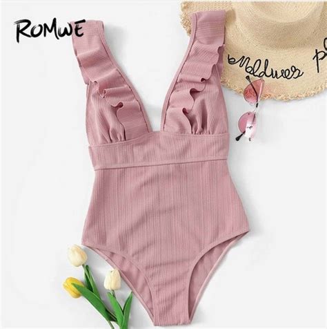 Купальник сплошной AliExpress Romwe Sport Pink Solid Swimwear Plunge