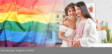 Banner With Young Pregnant Lesbian Couple And Lgbt Flag Stock