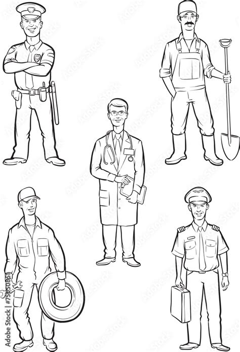 Whiteboard Drawing Standing Men Of Various Occupations Stock Vector