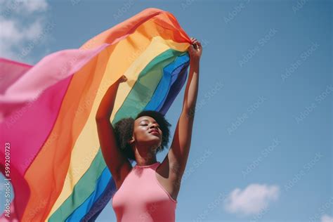 black queer person holding rainbow flag lgbt pride or gay pride lesbian gay bisexual and