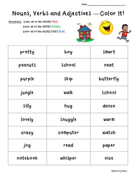 Noun verb adjective worksheet grade drive writing nouns verbs adjectives worksheets. Nouns Verbs Adjectives Color Coding Practice Worksheet by ...