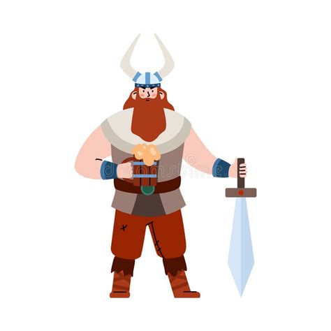 Mighty Scandinavian Bearded Viking Warrior Flat Vector Illustration