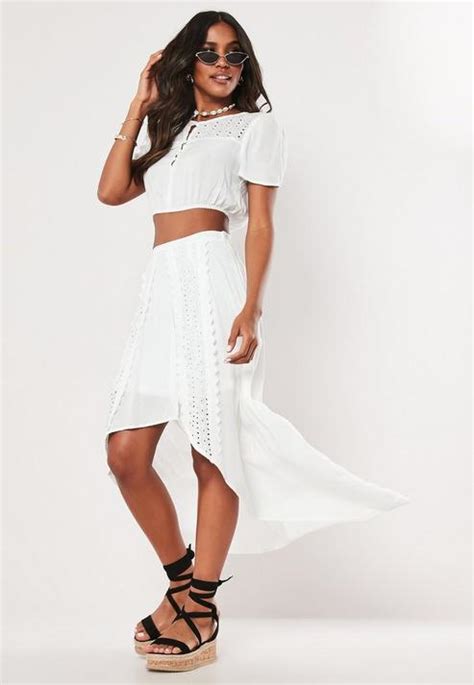 White Co Ord Lace Panel Asymmetric Midi Skirt Two Piece Dress Piece