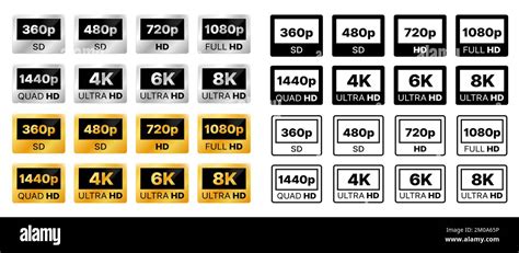 video resolution icons display monitor or tv definition silver and gold labels badges media