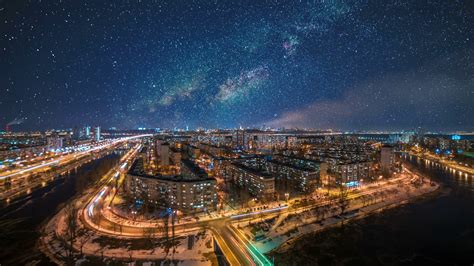 The Starry Sky Above The Night City Time Lapse Stock Video Footage