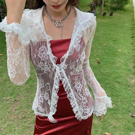 Missnight Floral Lace Top Blouse Vintage See Through Long Sleeve Shirts Lapel Collar White