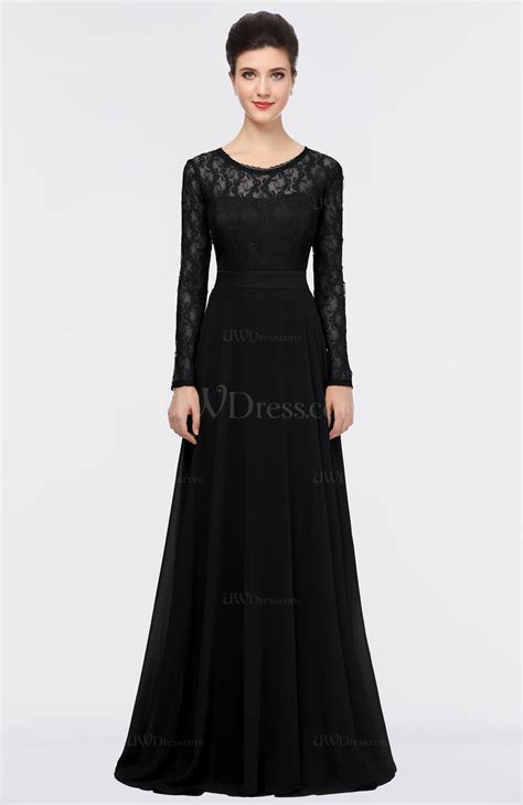 Black Romantic A Line Scoop Long Sleeve Floor Length Lace Prom Dresses