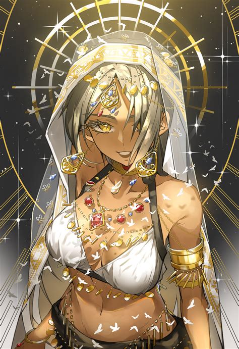 An Anime Character With White Hair And Gold Jewelry On Her Chest Standing In Front Of A