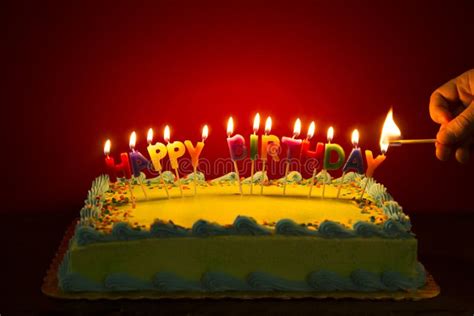 Birthday Cake With Lit Candles Stock Image Image Of Birthday Baked