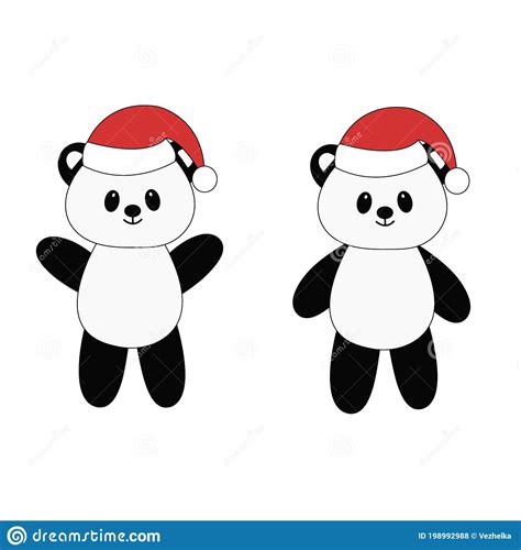 Cartoon Cute Panda In Santa Hat Vector Illustration Christmas Card