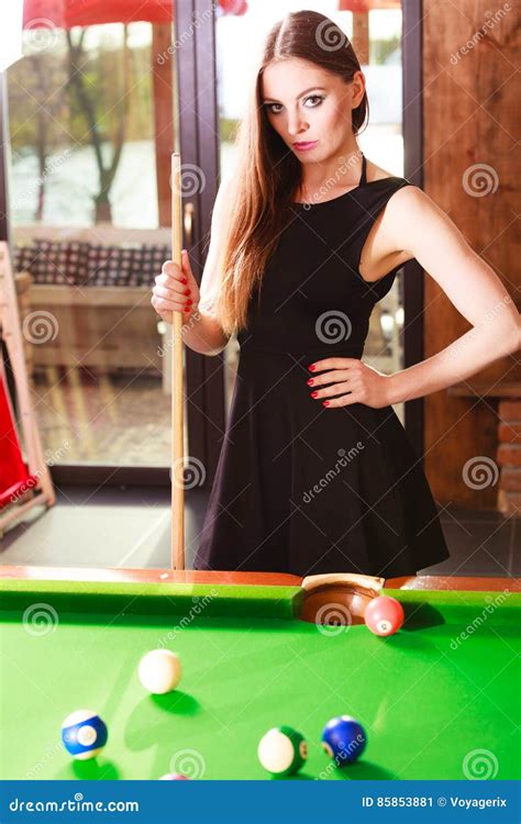Young Woman Posing Having Fun With Billiard Stock Image Image Of