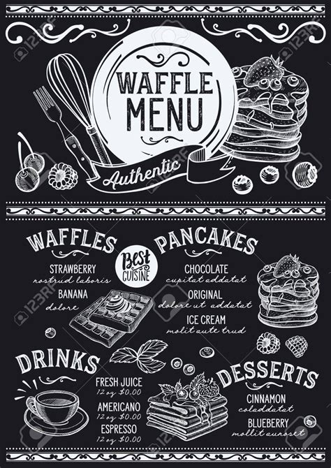 Waffles And Crepes Restaurant Menu Vector Pancake Food Flyer Royalty