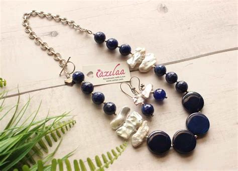 Statement Pearl Navy Blue Gemstone Handmade Silver Necklace Set At