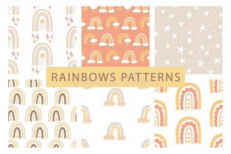 Cute Rainbows Seamless Patterns Set With Hand Drawn Doodles Stock