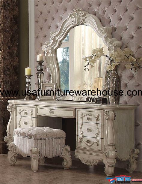 3 Piece Acme Vendome Gold Patina Vanity Set With Stool Usa Furniture