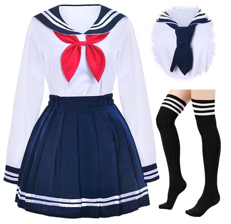 Japanese School Girls Uniform Sailor Navy Blue Pleated Skirt Anime