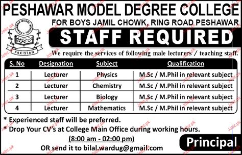 Lecturers Job In Peshawar Model Degree College 2023 Job Advertisement