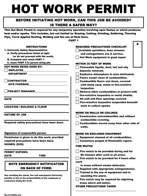 Hot Work Permit Template Fill Online Printable Fillable Blank