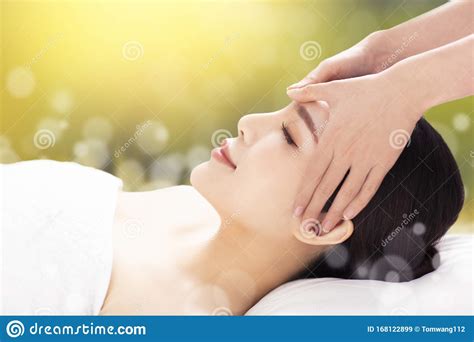 Closed Young Woman Face And Head Massage In Spa Stock Image Image Of