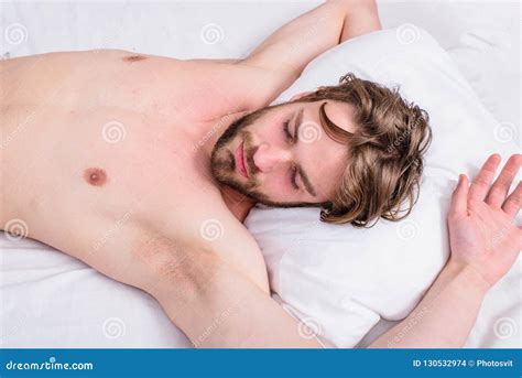 Man Unshaven Handsome Guy Naked Torso Relaxing Bed Guy Macho Lay White Bedclothes Man Sleepy